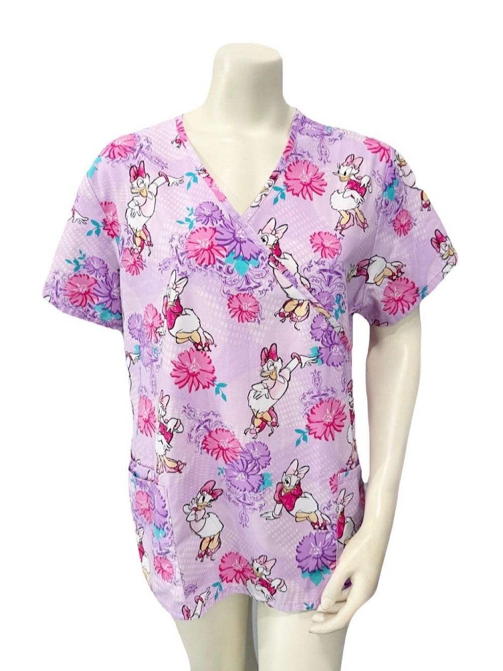 Disney Daisy Duck Floral Scrub Top Pink Purple Women’s Size Large